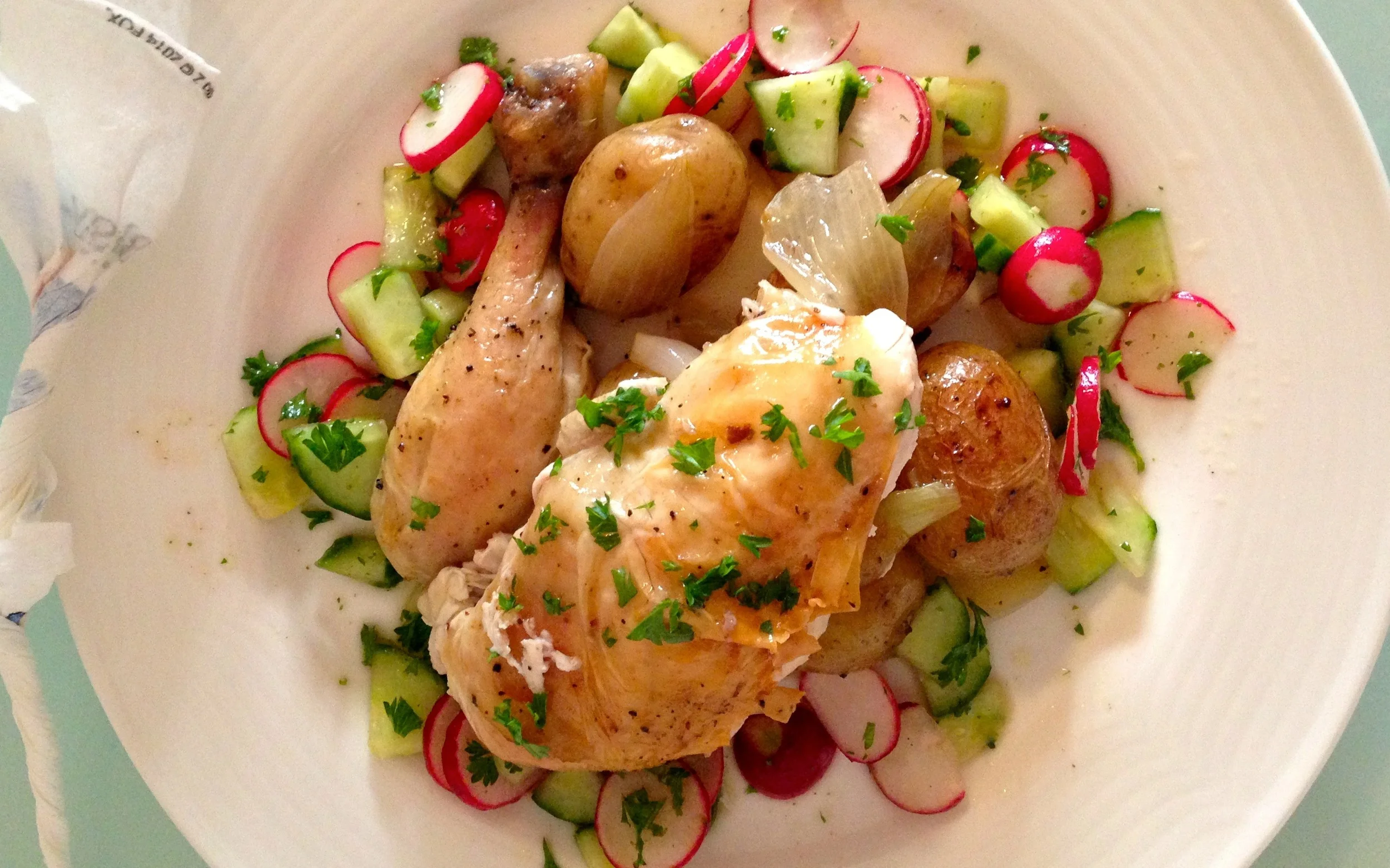 Simply Roast Chicken, Potatoes and Onions with Cucumber Radish Salad