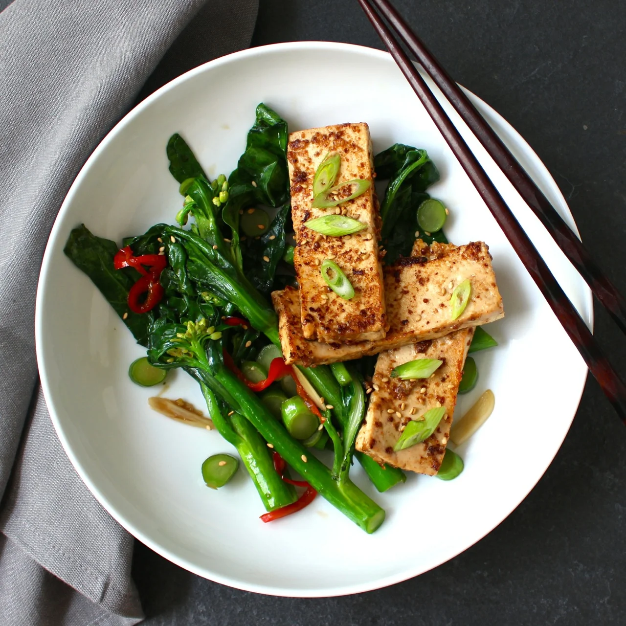 Miso Mustard Tofu over Asian Greens