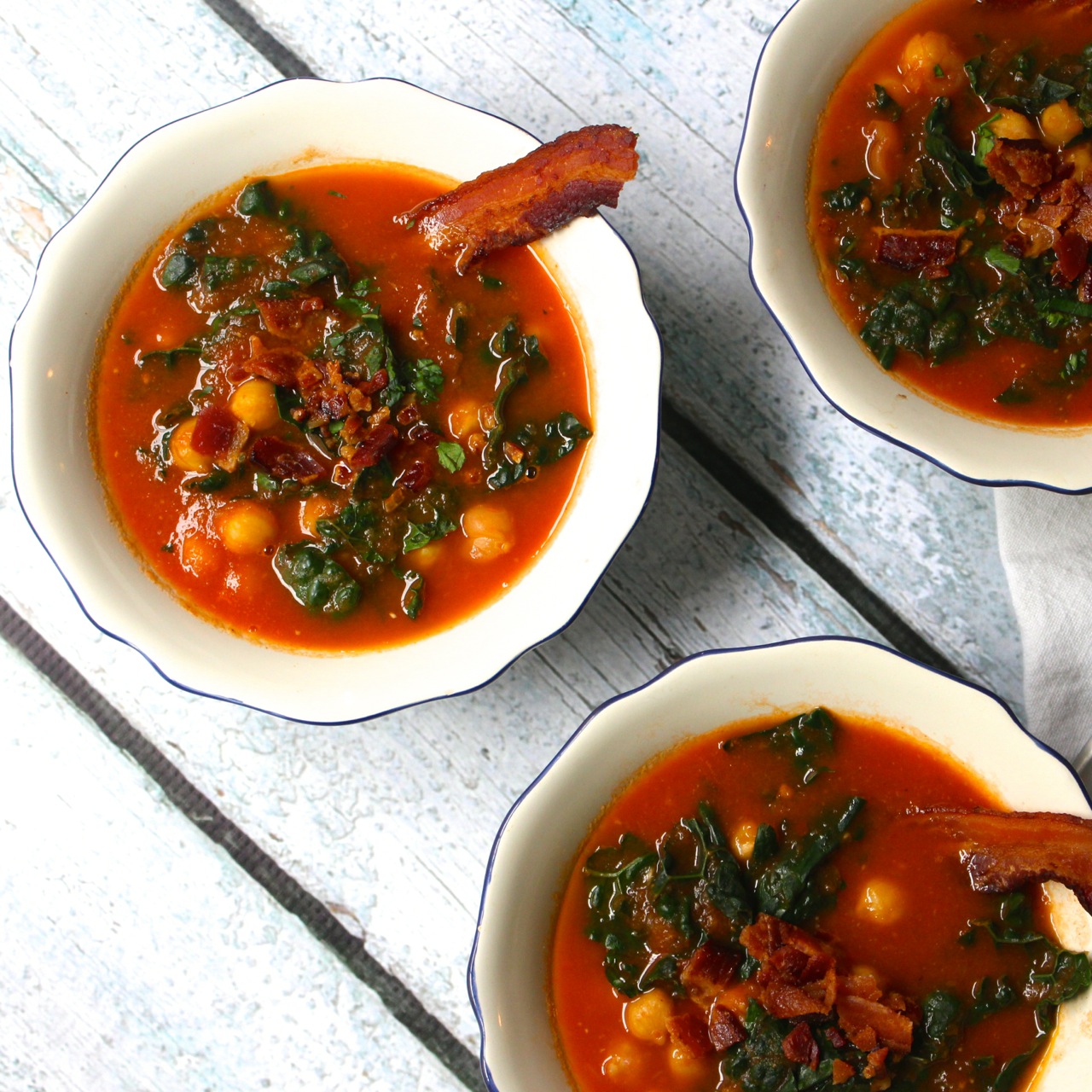 Smoky Tomato Bacon Soup with Kale and Chickpeas