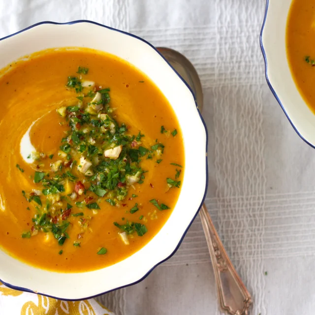 Carrot and Sweet Potato Soup with Hazelnut Gremolata
