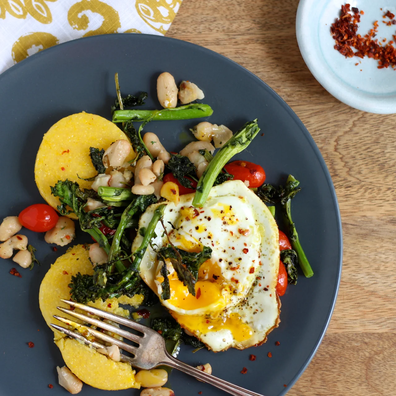 Roasted Rapini and White Beans with Polenta and Crispy Egg