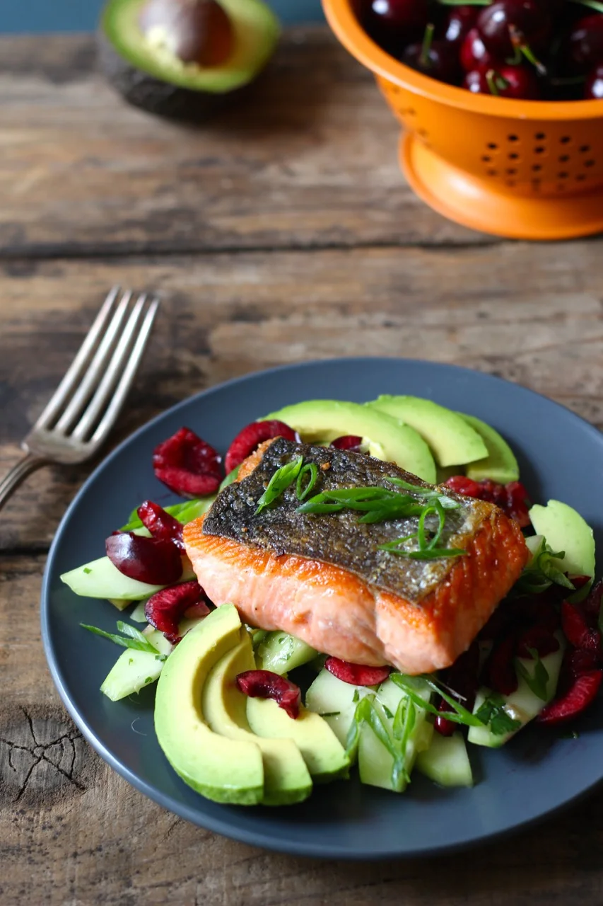 Salmon with Cucumber, Cherry and Avocado - Borrowed Salt