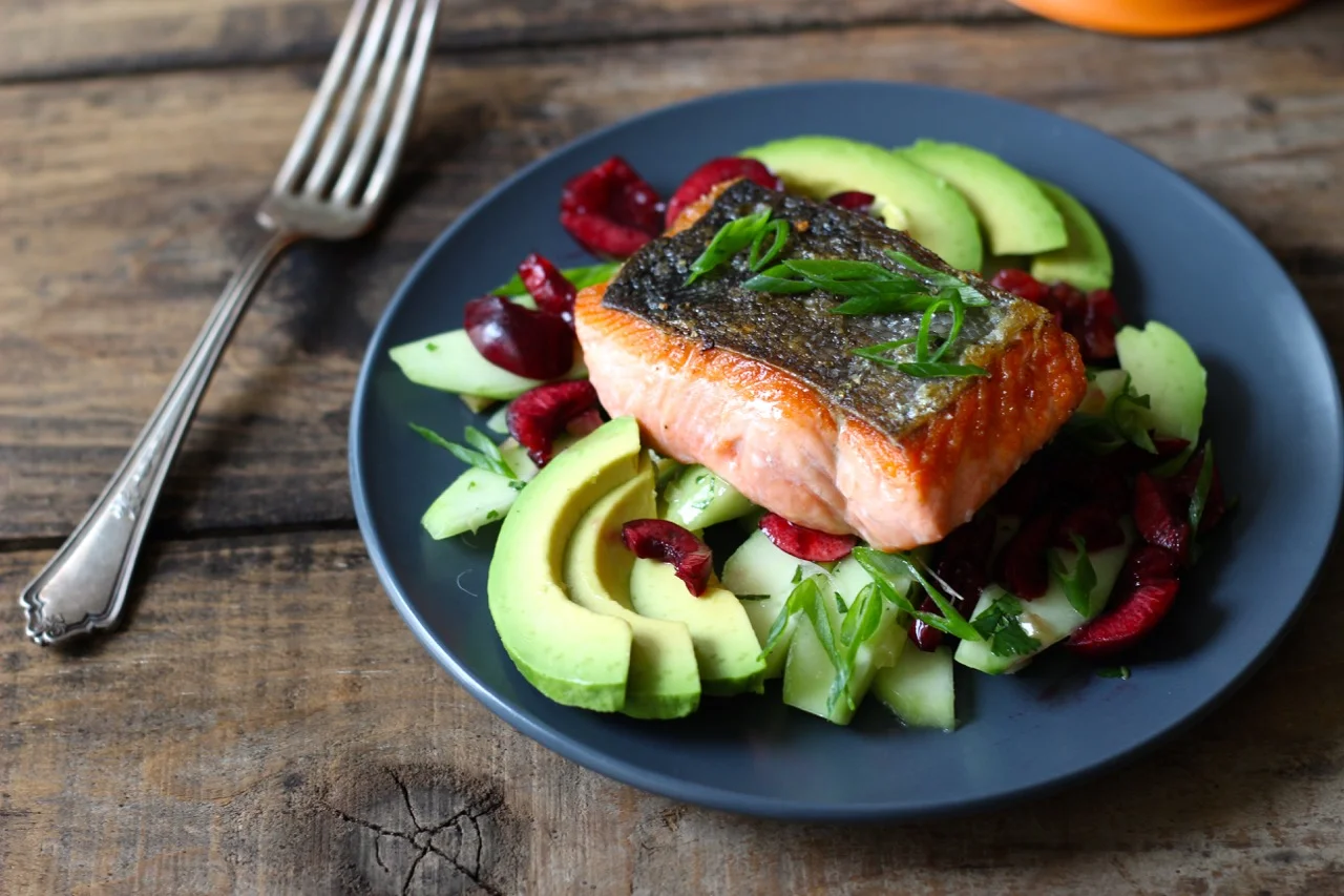 Salmon with Cucumber, Cherry and Avocado - Borrowed Salt