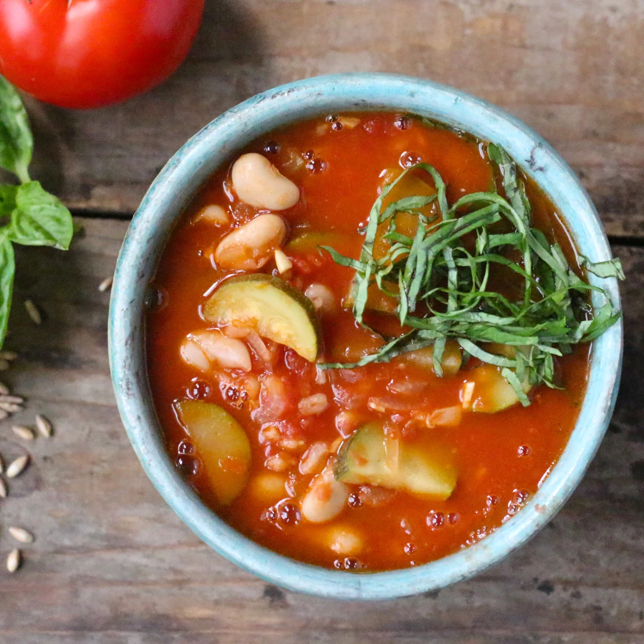 Tomato Soup with Zucchini, Farro and White Beans