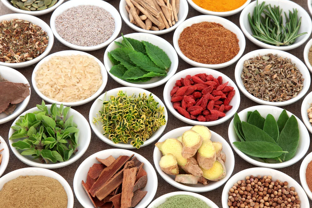 A spread of dried aphrodisiac herbs