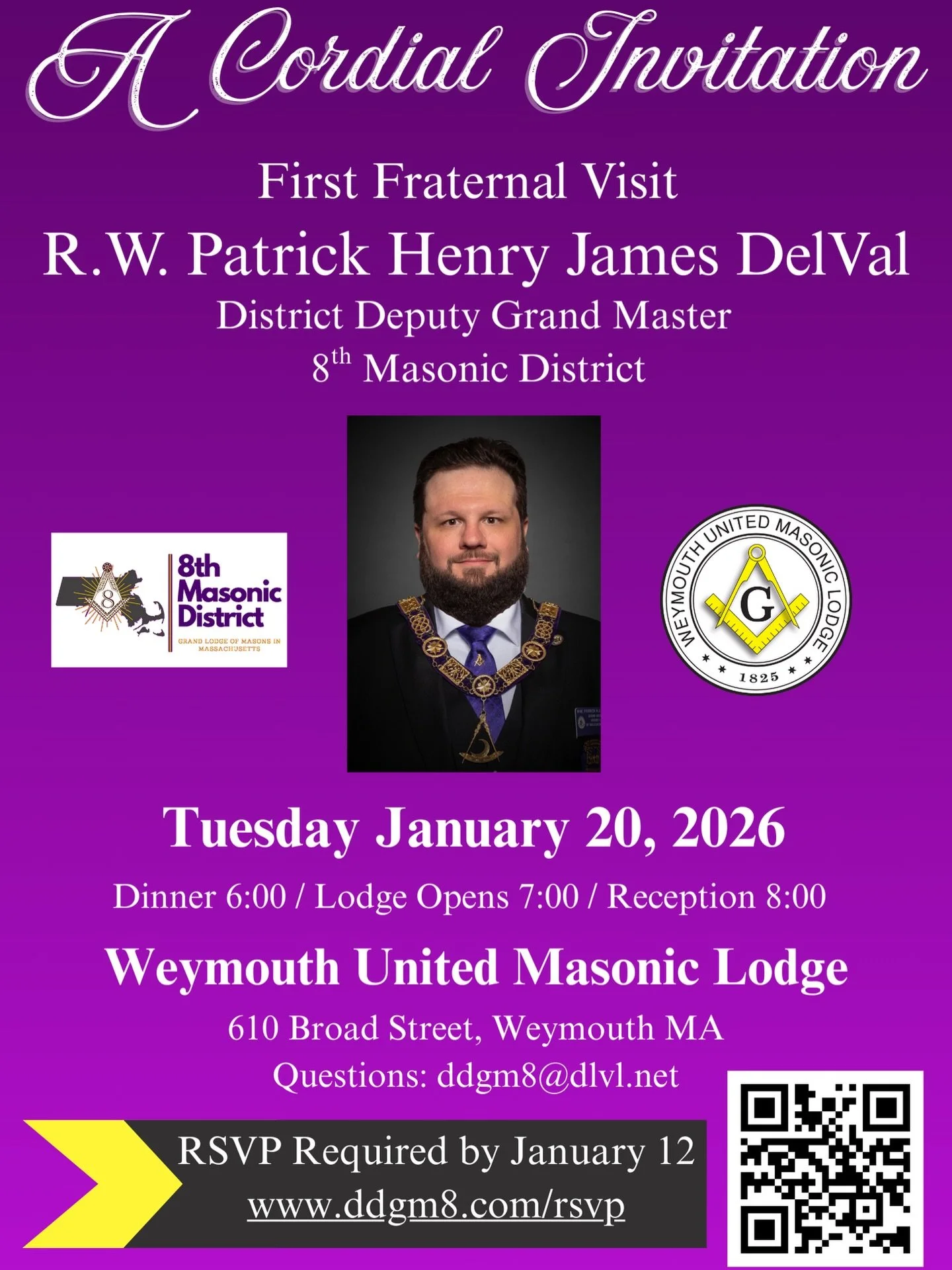 Brethren all! The 1st Fraternal Visit of Rt. Wor. Patrick H. J. DelVal will be Tuesday, January 20, 2026 at 8pm at @weymouthunitedmasoniclodge - Please be sure to RSVP if you plan to attend dinner, or join us on the Suite. The link is available in ou