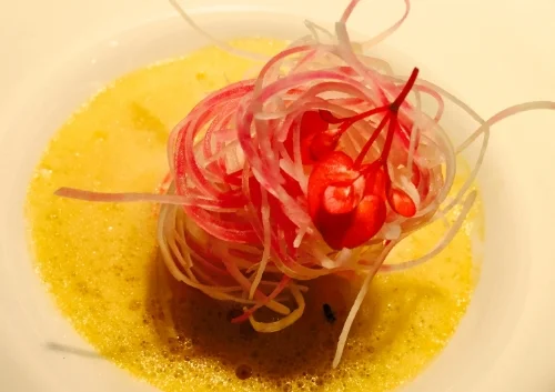  Langoustines, saffron broth and root vegetable linguine