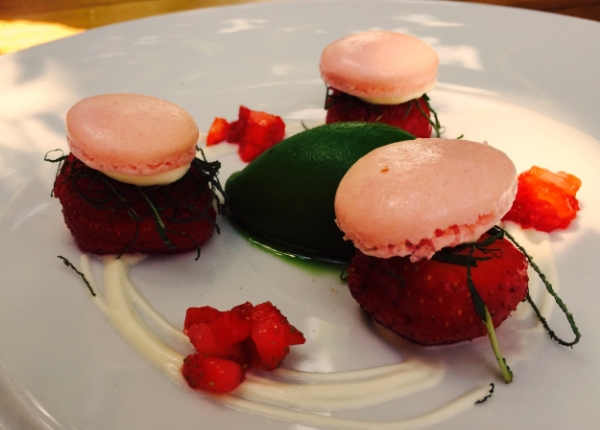 Strawberries, raspberry macaroon and mint sorbet