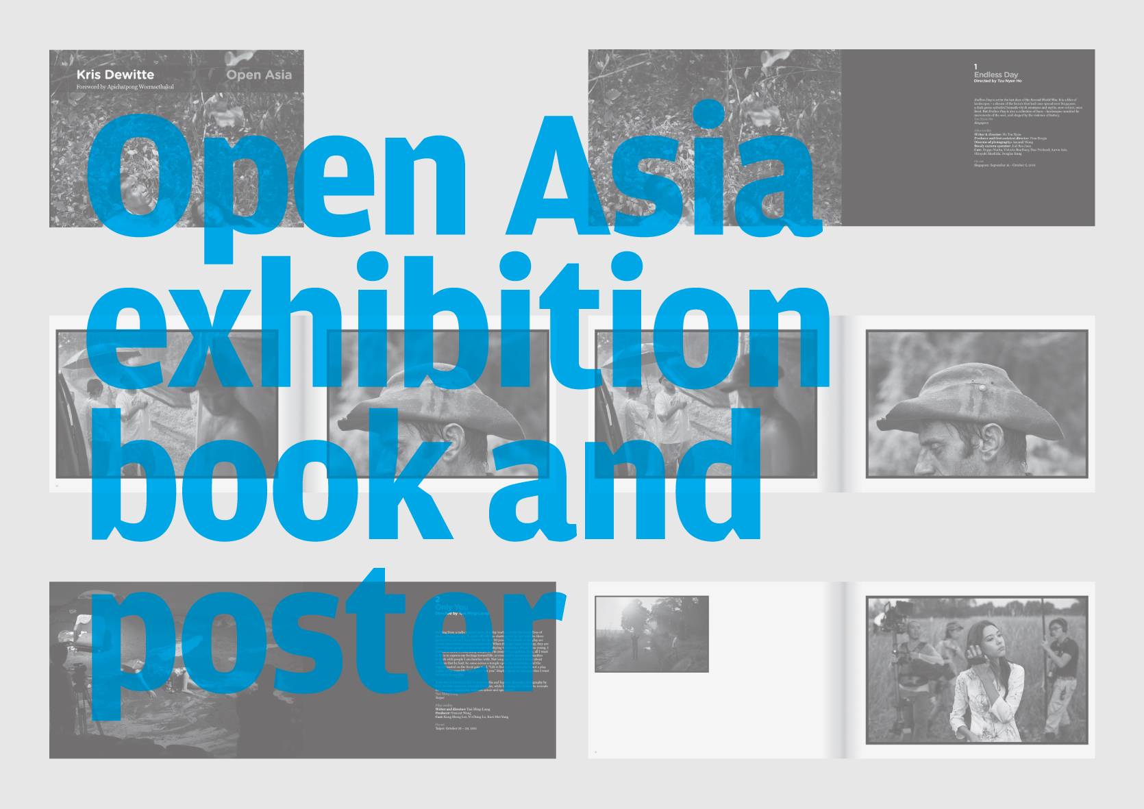Open Asia was an exhibition by photographer Kris Dewitte and part of The Open Doek Film Festival, held annually in Turnhout, Belgium. Focussing on Asian Film, the book features a foreword by Thai film director Apichatpong Weerasethakul, four on-set film photography, plus a section of portraits of prominent film actresses. The films featured are; Endless Day directed by Tzu Nyen Ho, Only You directed by Tsai Ming-Liang, How to Describe a Cloud directed by David Verbeek and Concrete Clouds directed by Lee Chatametikool.