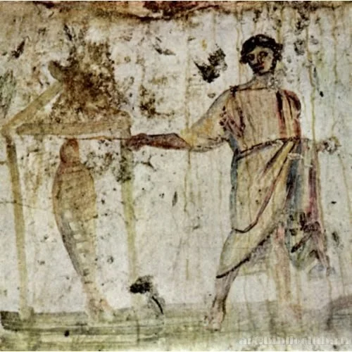 Image of Jesus resurrecting Lazarus using a wand.