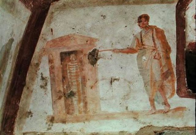 Image of Jesus resurrecting Lazarus using a wand. 3rd Century, Callistus Catacombs, Rome