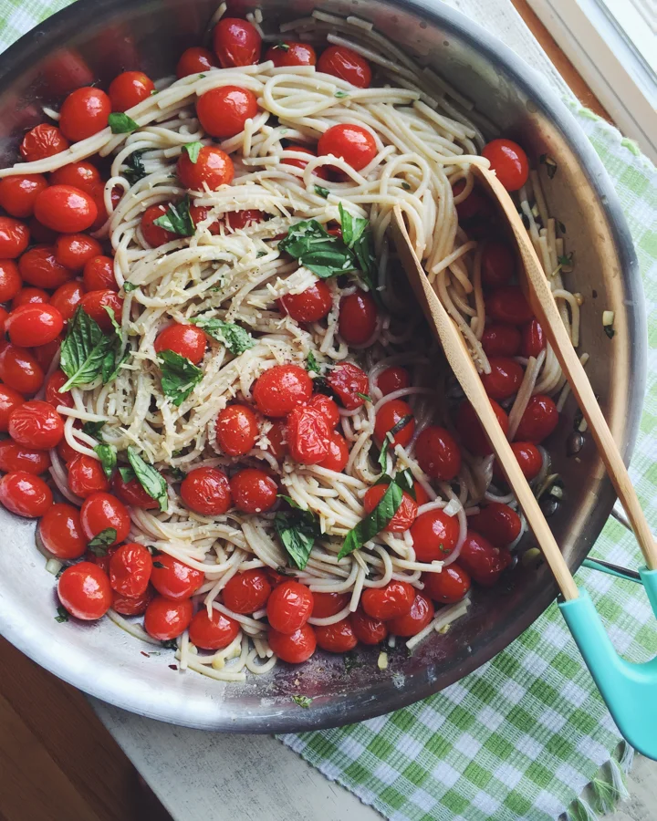 Easy Roasted Tomato Basil Capellini | Gluten Free + Vegan