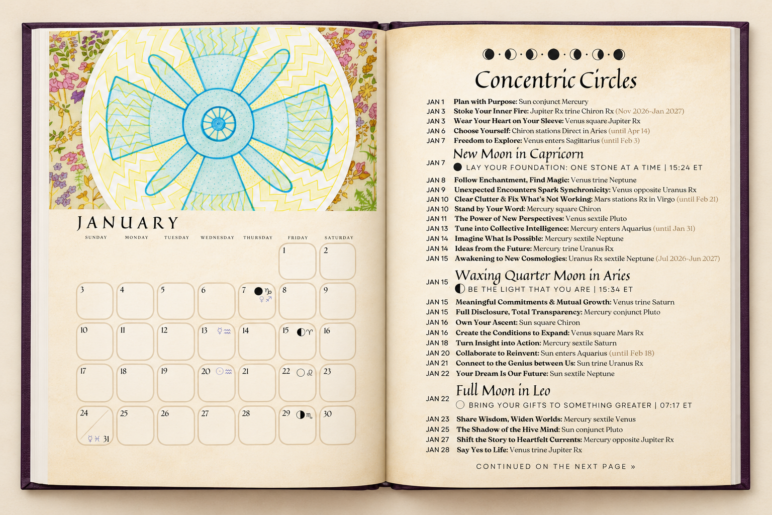 Open 2027 Cosmic Calendar showing the January calendar grid and daily astrological transit listings