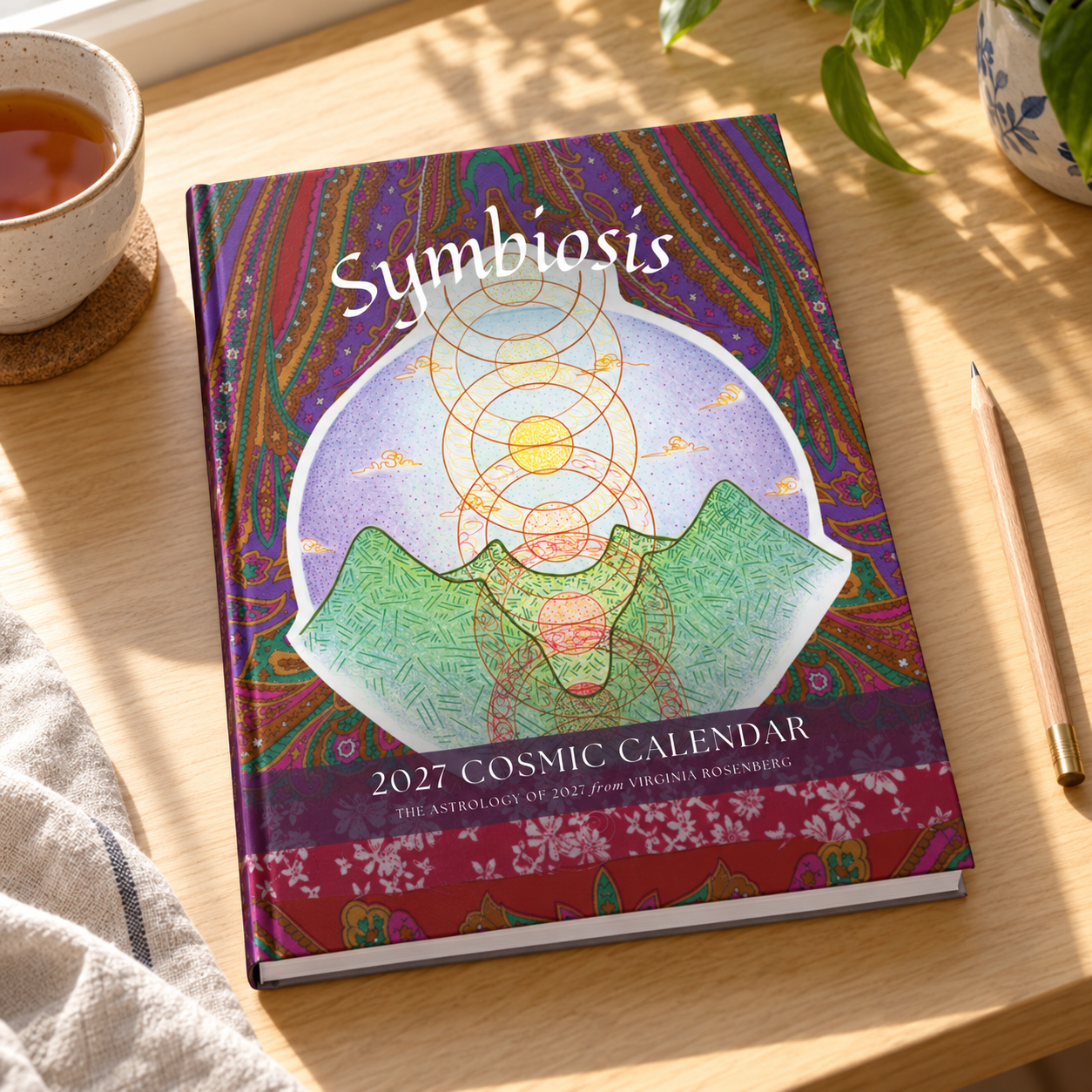 2027 Cosmic Calendar and Journal on a sunlit wooden desk beside a cup of tea