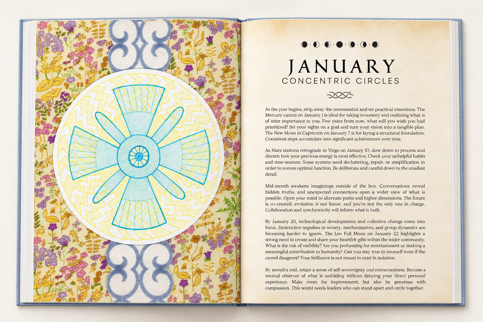 Open 2027 Cosmic Calendar showing Jillian Sinnott’s January artwork beside the monthly astrology overview, Concentric Circles