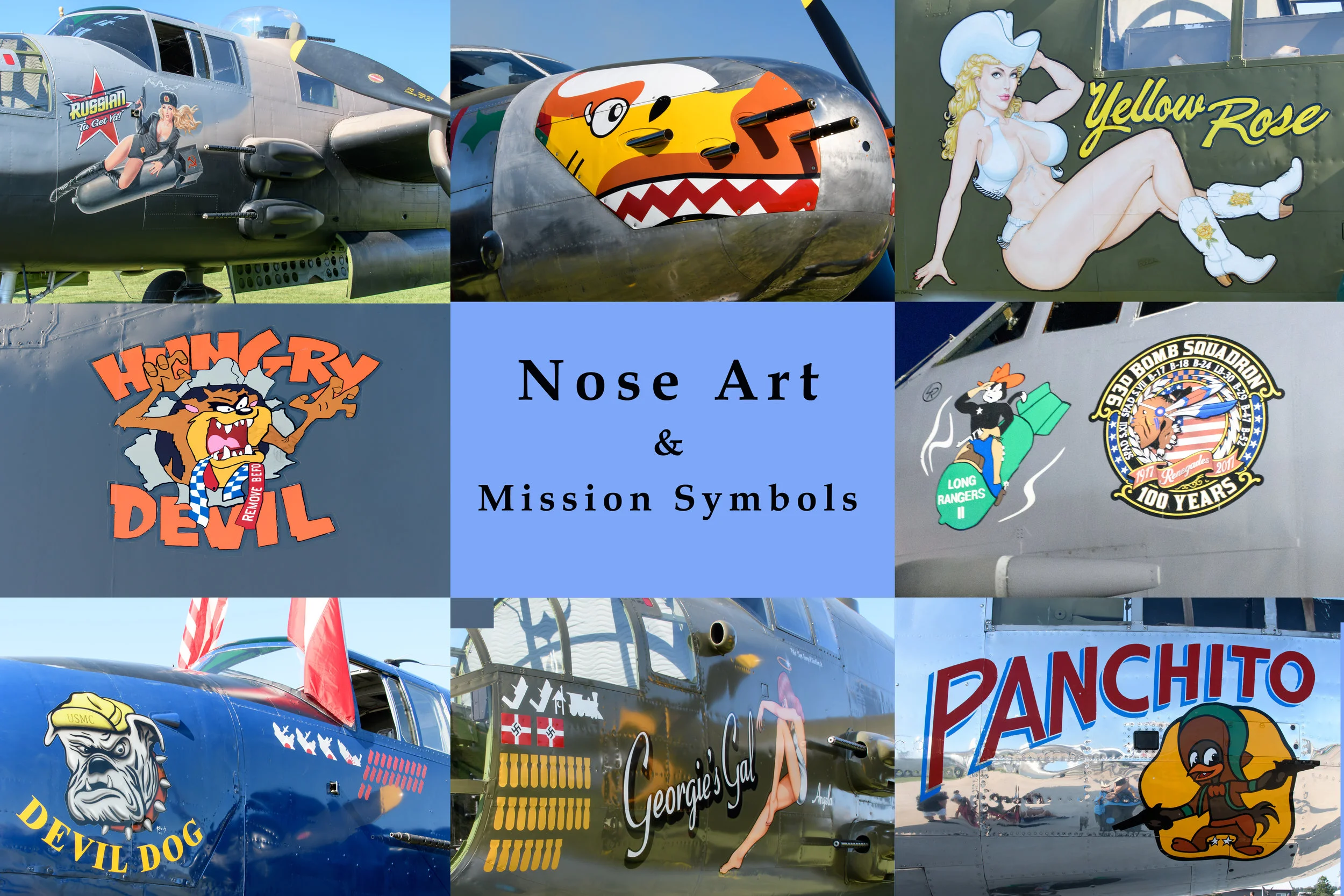 The artwork is quite detailed on the planes. The EAA museum has an exhibit of nose art on display (something to go back to see?) The mission symbols on Georgie's Gal above represent 27 bombing missions, 2 downed aircraft, two ships, and a train. The one symbol that I was not able to find a description of was the little house with a moon on it...several of us jokingly said maybe they had hit an outhouse!