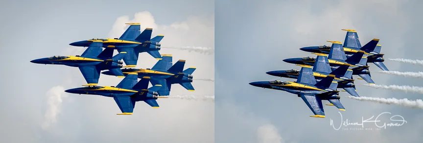 The Blue Angels demonstration consists of 6 Boeing F/A-18 Hornet aircraft. The narrator said that the maneuvers are not just for show but are actually combat maneuvers. The show consists of 4 of the aircraft performing close formation-and they are tight and precise.