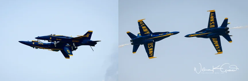 Two other aircraft perform high speed crossing passes. To get an idea of how fast these planes fly, my camera shoots 10 frames per second, I have several images where the nose of one jet is in the far left of the frame and the next frame (1/10 of a second later} only the tail of the jet is visible.