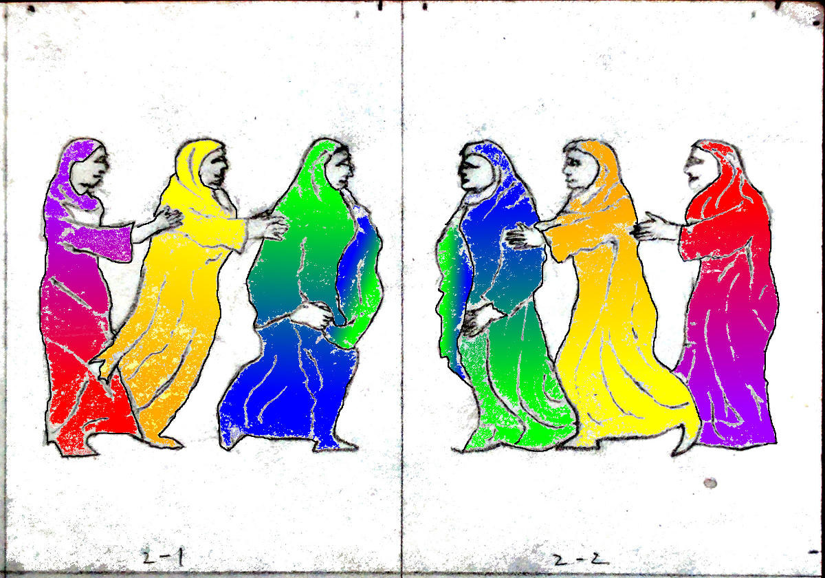 Dancing women, color test for robes