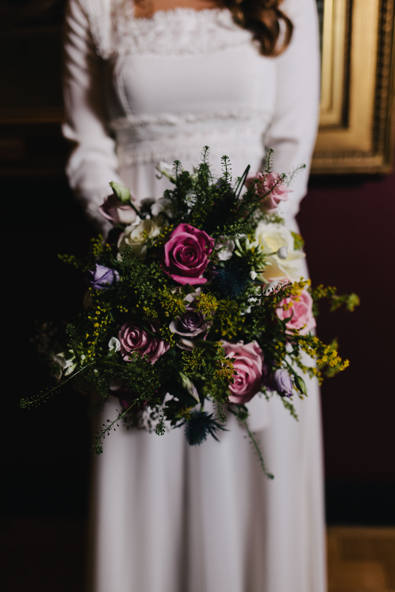Newcastle Wedding Photographer Laing Art Gallery Bride holding loose, wildflower bouquet