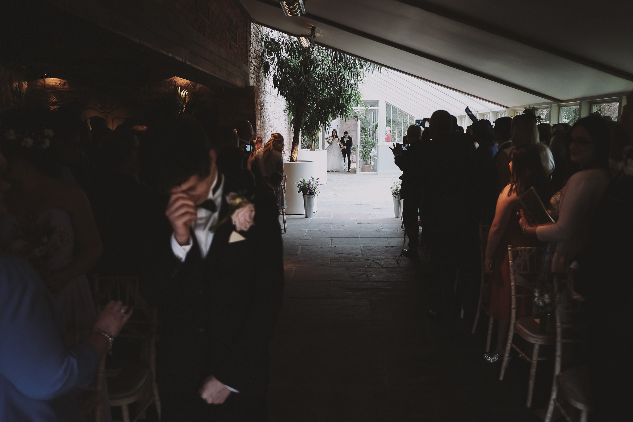 The groom cries as the bride arrives at Newton Hall Northumberland