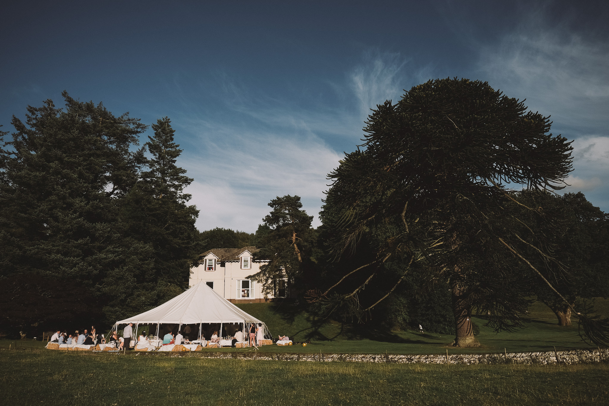 Wedding marquee under blue skies in the Lake District