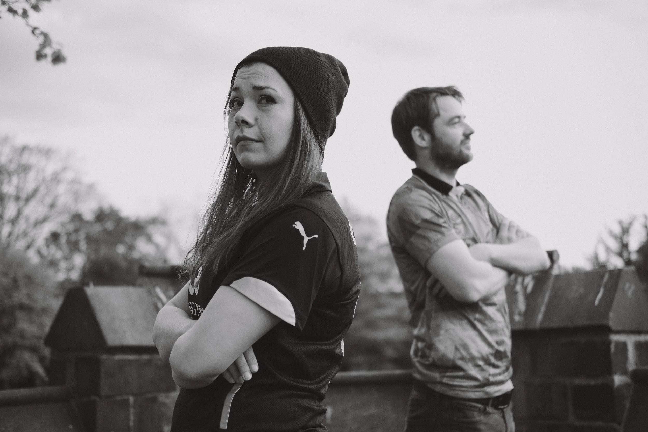 Moody black and white shot of couple on engagement shoot in Gateshead