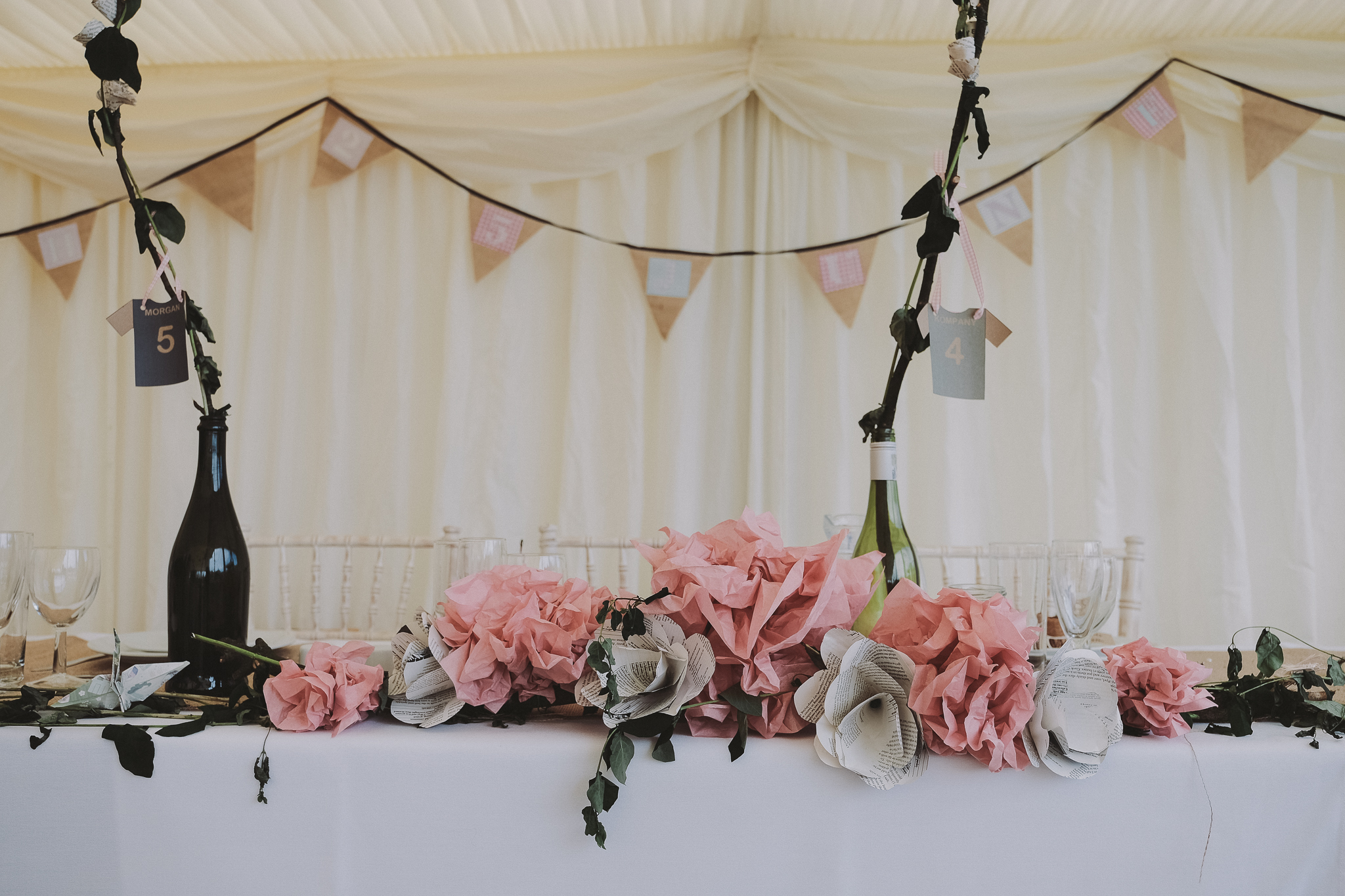 Close up of homemade flower centrepiece on top table
