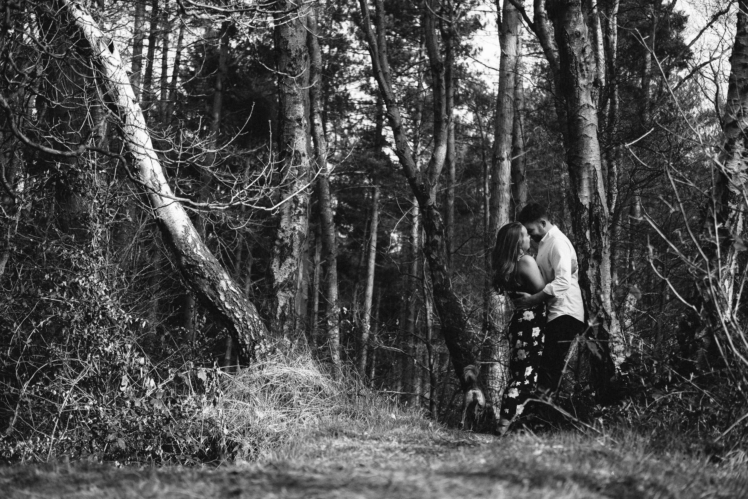 A dramatic black and white photo of a couple embracing in wild woodland