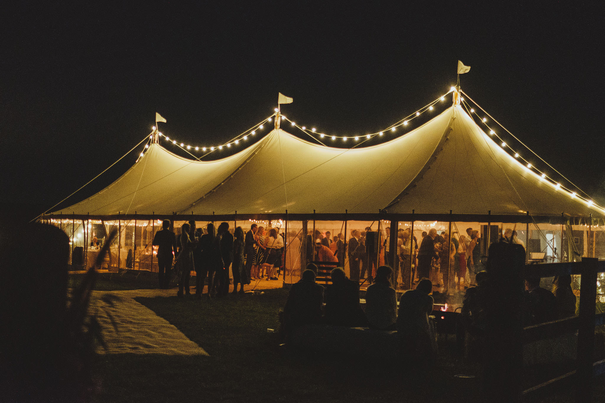 The marquee lit up at night on Oxbank Farm, Yorkshire