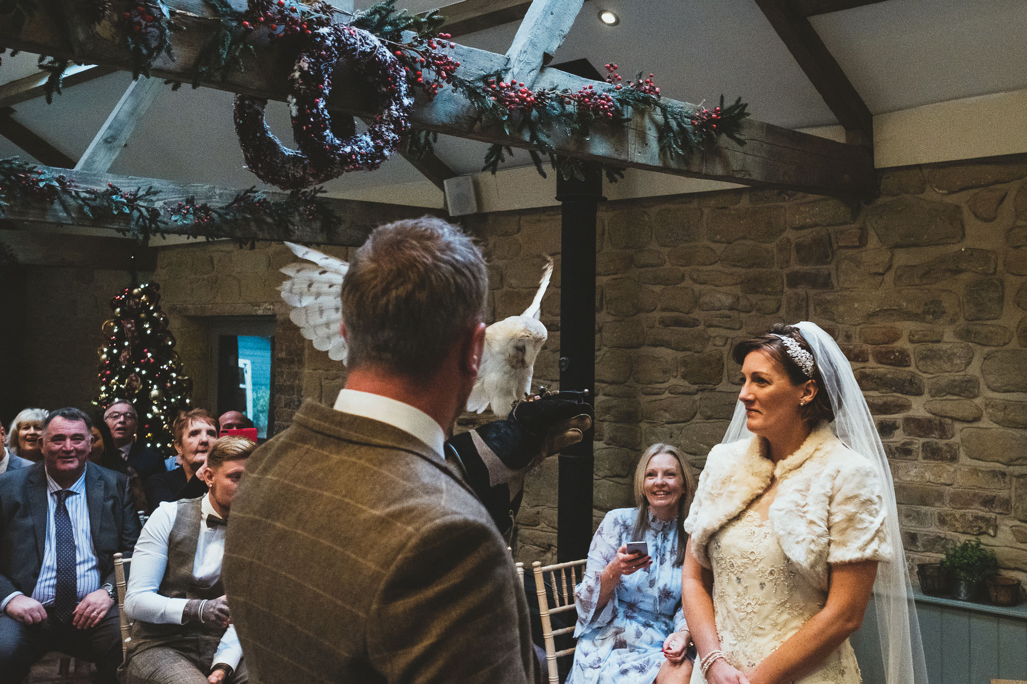 Owl lands on groom's arm during wedding ceremony