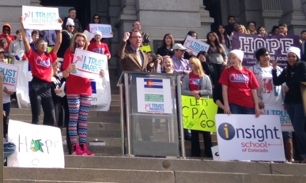 Cyberschool students and parents rally on the West steps of the State Capitol. 