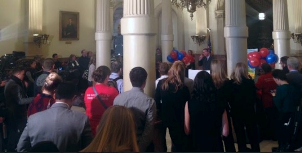 Rep. Lundeen addresses the gathering of approximately 200 anti human trafficking advocates. 