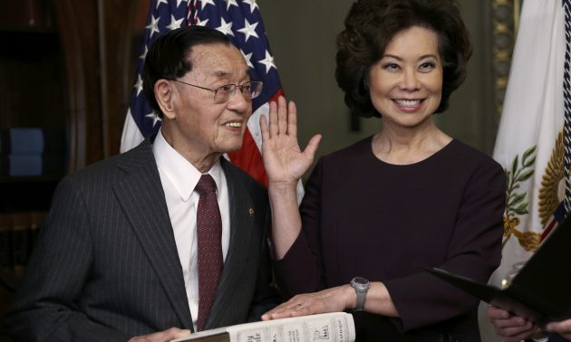 New Transportation Secretary Elaine Chao is sworn in at the White House in Washington, January 31, 2017. Photo: Reuters/Carlos Barria
