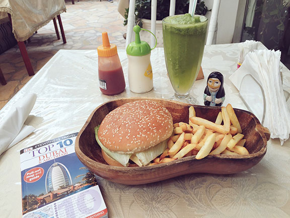 The camel burger with fries and a mint-lemon beverage at Local House Restaurant in Dubai (©Deborah Clague, 2016).&nbsp;