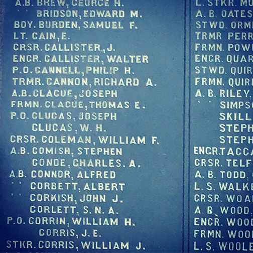 Joseph Clague and Thomas Clague, both members of the Royal Navy, are listed on a memorial to those who died during the two world wars (©Deborah Clague)