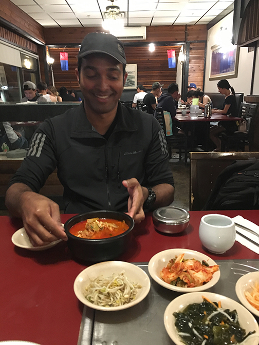 Dining at Seoul South Korean Restaurant in Banff. He asked for "as spicy as you can possibly make it ... and then make it spicier". No heart attacks or other health issues reported, thankfully. 