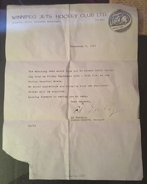 A letter inviting my father to attend the Winnipeg Jets training camp in 1969 (©Deborah Clague)
