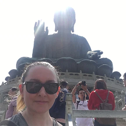 Climbing up to Big Buddha at Po Lin Monastery, China (©Deborah Clague, 2018). 