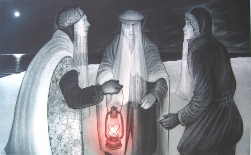 Three Mummers on Winsor's Point, David Blackwood (1979)