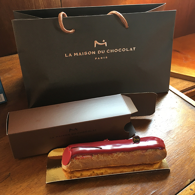 The first indulgence during my trip - a morello cherry eclair from La Maison du Chocolat. Absolutely delicious (©Deborah Clague, 2019).