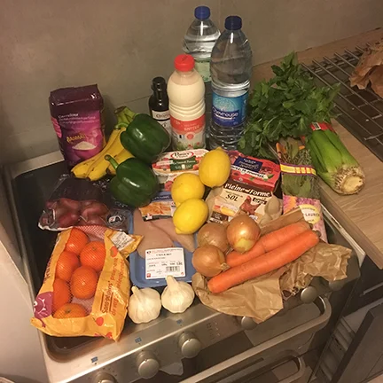 After going to a local restaurant and spending 35 Euros on a cheeseburger and green smoothie, I decided to stick to making my own meals. All of the ingredients here—which two people ate from for almost a week—also cost 35 Euros, Paris (©Deborah Clague, 2019).