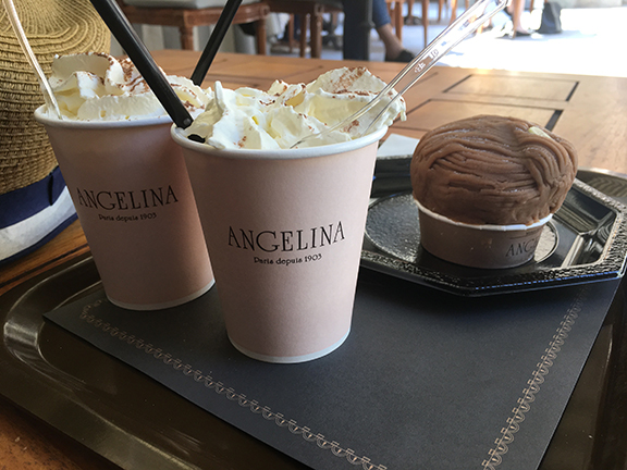 My next indulgence: the signature desert of Angelina Paris, the Mont-Blanc, along with their famously rich hot chocolate. It was a bit too indulgent for me (©Deborah Clague, 2019).