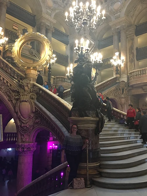 The gold tire adds a classy touch; the Grand Staircase, Palais Garnier, Paris (©Deborah Clague, 2019).