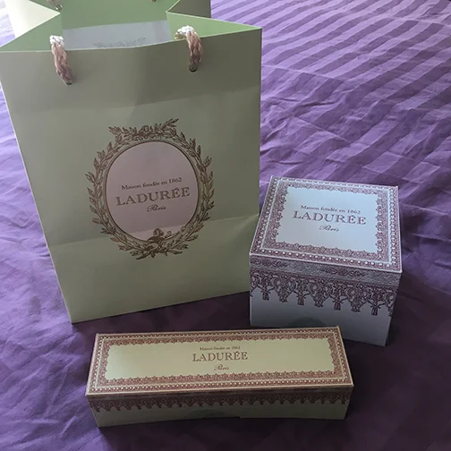 A sample of French packaging which always elevates the consumer experience. This is how my desserts from Laduree were presented (©Deborah Clague, 2019).