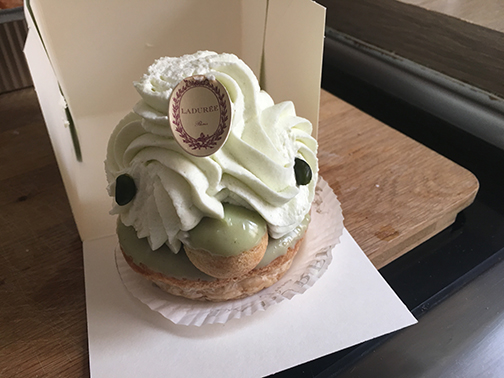 Yet another indulgence from my trip, a pistachio Saint-Honoré from Laduree (©Deborah Clague, 2019).
