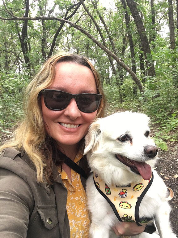 My ham, Monty, and I on one of our daily hikes. Monty’s taco fiesta harness and matching leash from Canadian company Blue Paw Co. Support local (©2020).