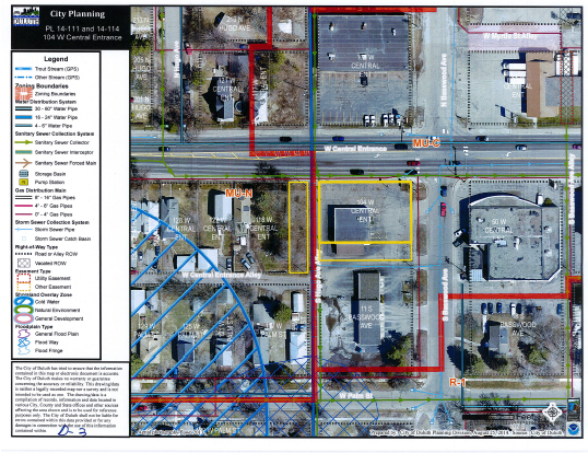 Above: Site aerial of the planned Dunkin' Donuts location (outlined in yellow) at 104 West Central Entrance. (Image provided by the Duluth Planning Commission).