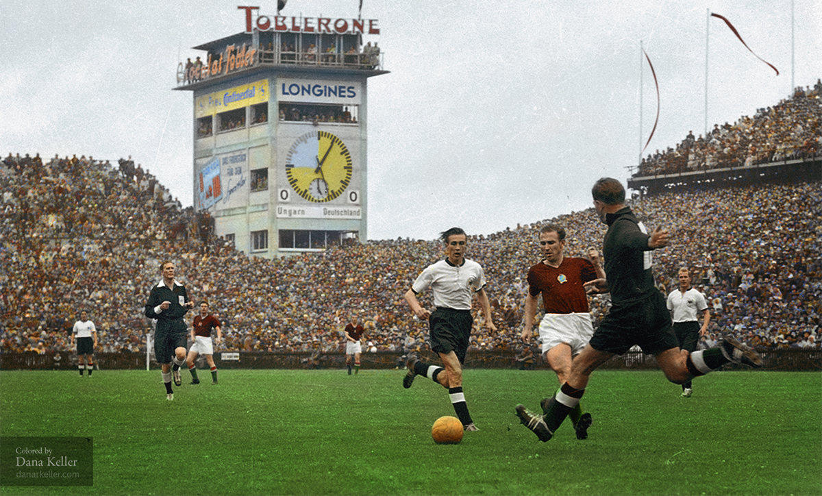 Opening moments of the 1954 World Cup Final, "Miracle of Bern", played at the Wankdorf Stadium in Bern, Switzerland