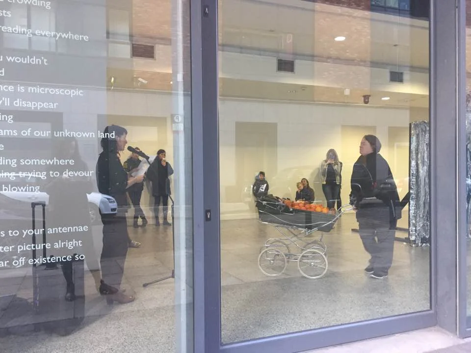 Photo from Gallery Weekend performance, reading of poetry with processed audio along with Amanda Coogan, photograph by Jennie Guy